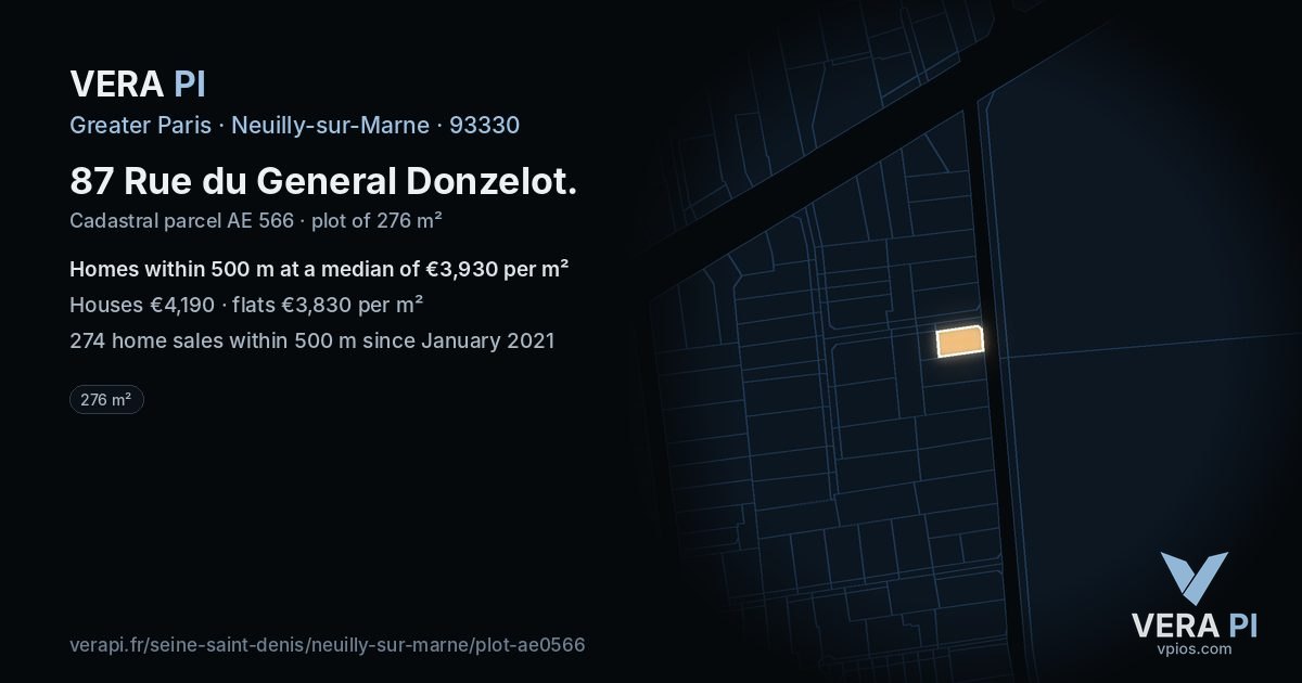 87 Rue du General Donzelot, Neuilly-sur-Marne at night – the plot lit, the parcels around coloured by the prices near them