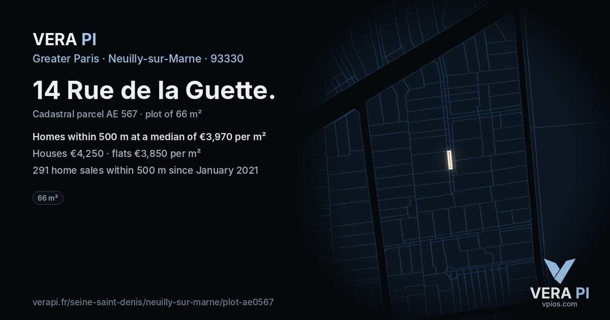 14 Rue de la Guette, Neuilly-sur-Marne at night – the plot lit, the parcels around coloured by the prices near them