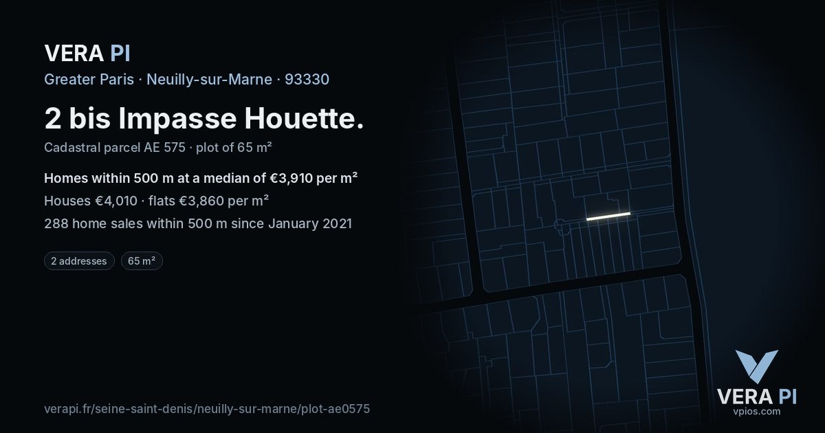2 bis Impasse Houette, Neuilly-sur-Marne at night – the plot lit, the parcels around coloured by the prices near them