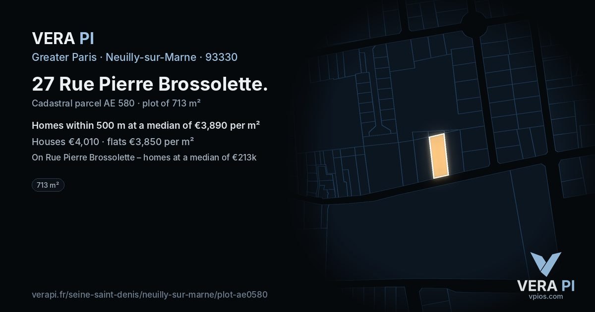 27 Rue Pierre Brossolette, Neuilly-sur-Marne at night – the plot lit, the parcels around coloured by the prices near them