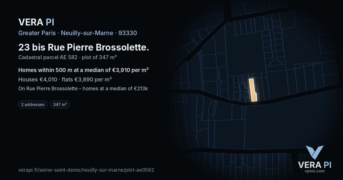 23 bis Rue Pierre Brossolette, Neuilly-sur-Marne at night – the plot lit, the parcels around coloured by the prices near them