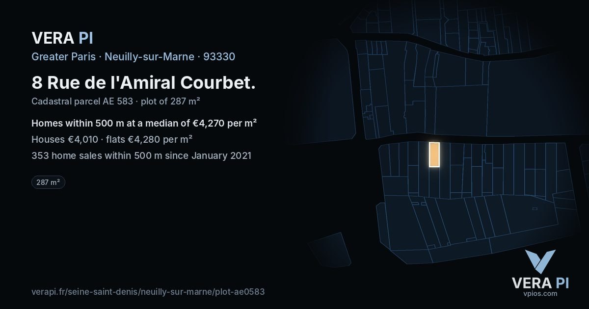 8 Rue de l'Amiral Courbet, Neuilly-sur-Marne at night – the plot lit, the parcels around coloured by the prices near them