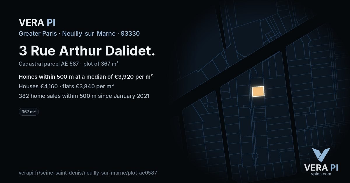 3 Rue Arthur Dalidet, Neuilly-sur-Marne at night – the plot lit, the parcels around coloured by the prices near them