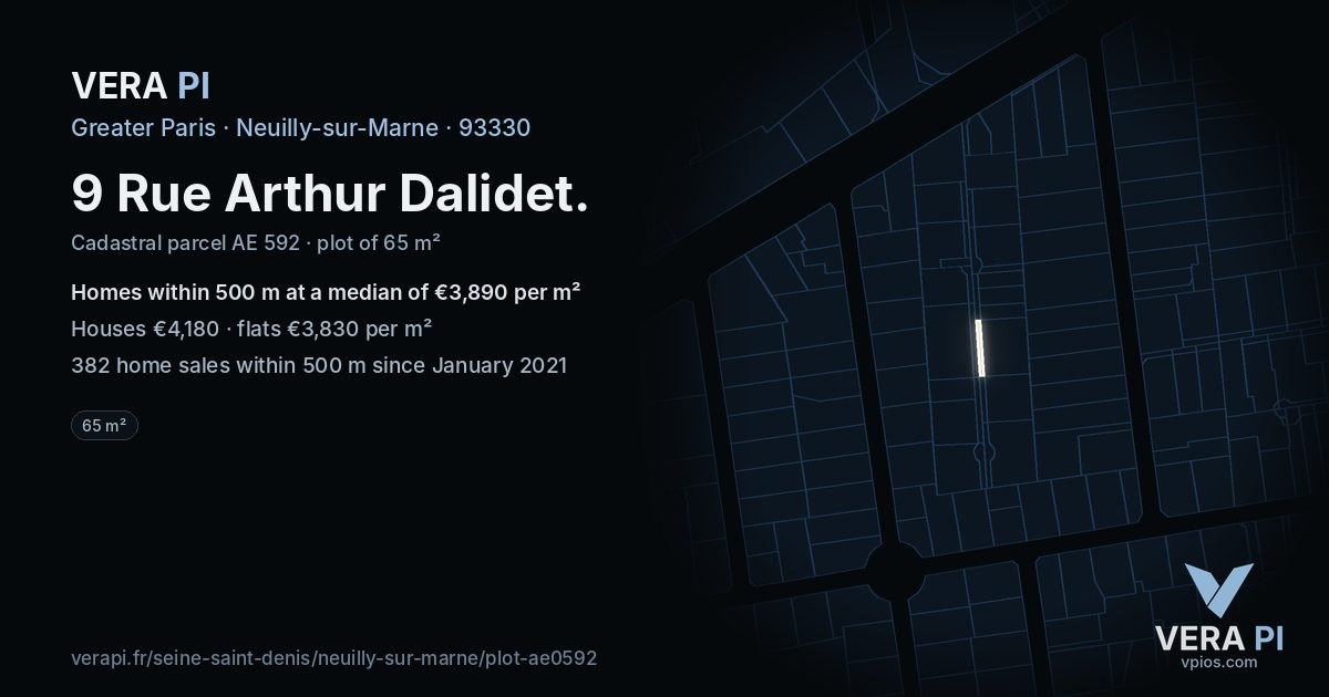9 Rue Arthur Dalidet, Neuilly-sur-Marne at night – the plot lit, the parcels around coloured by the prices near them