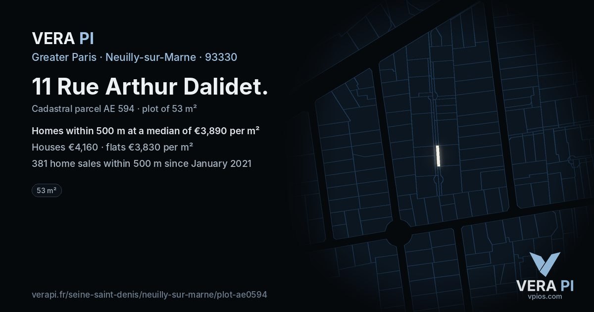 11 Rue Arthur Dalidet, Neuilly-sur-Marne at night – the plot lit, the parcels around coloured by the prices near them