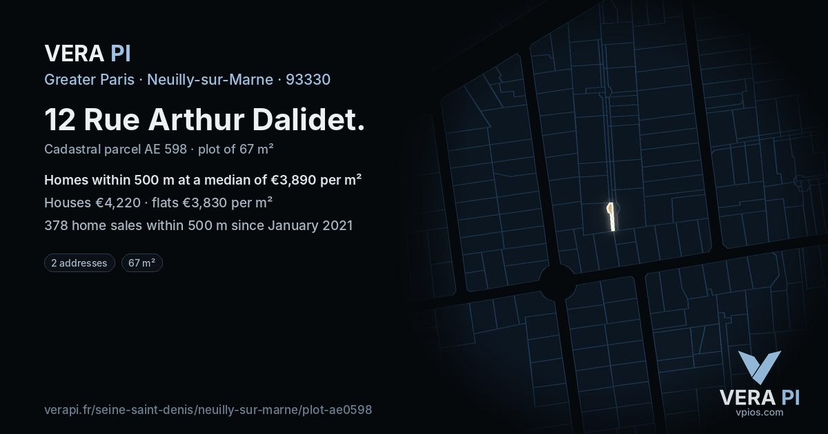 12 Rue Arthur Dalidet, Neuilly-sur-Marne at night – the plot lit, the parcels around coloured by the prices near them