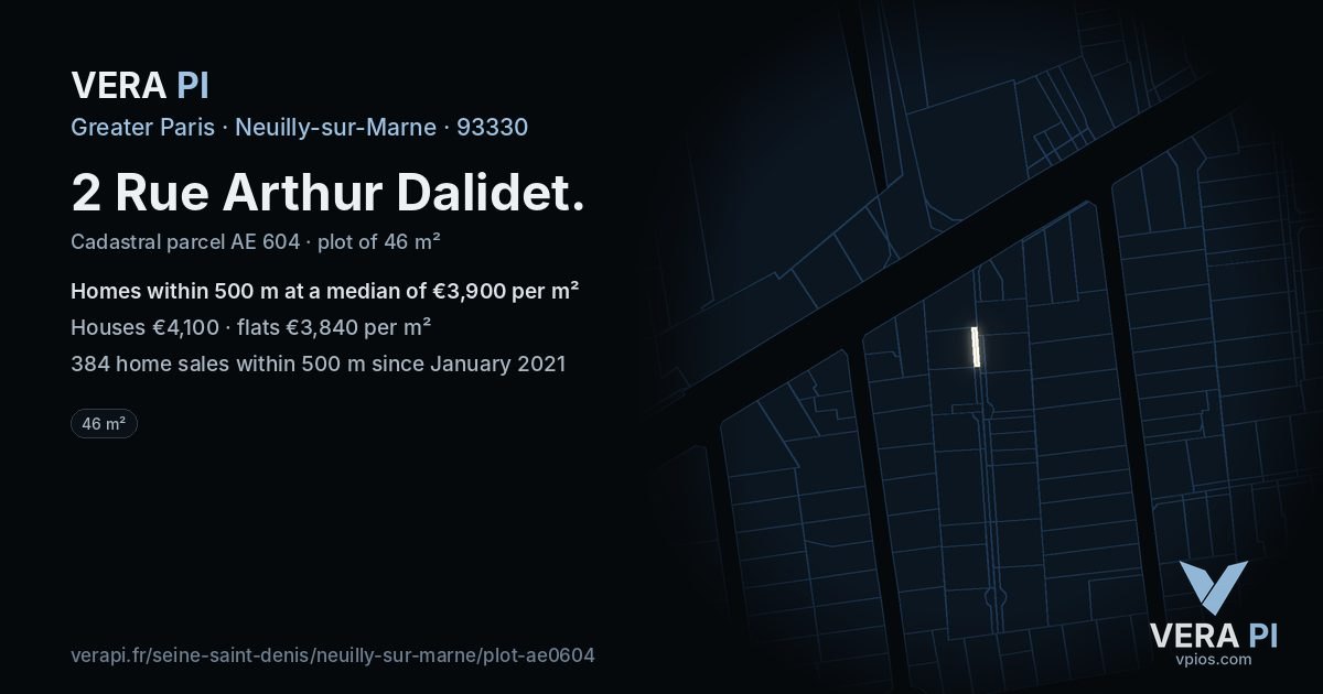 2 Rue Arthur Dalidet, Neuilly-sur-Marne at night – the plot lit, the parcels around coloured by the prices near them