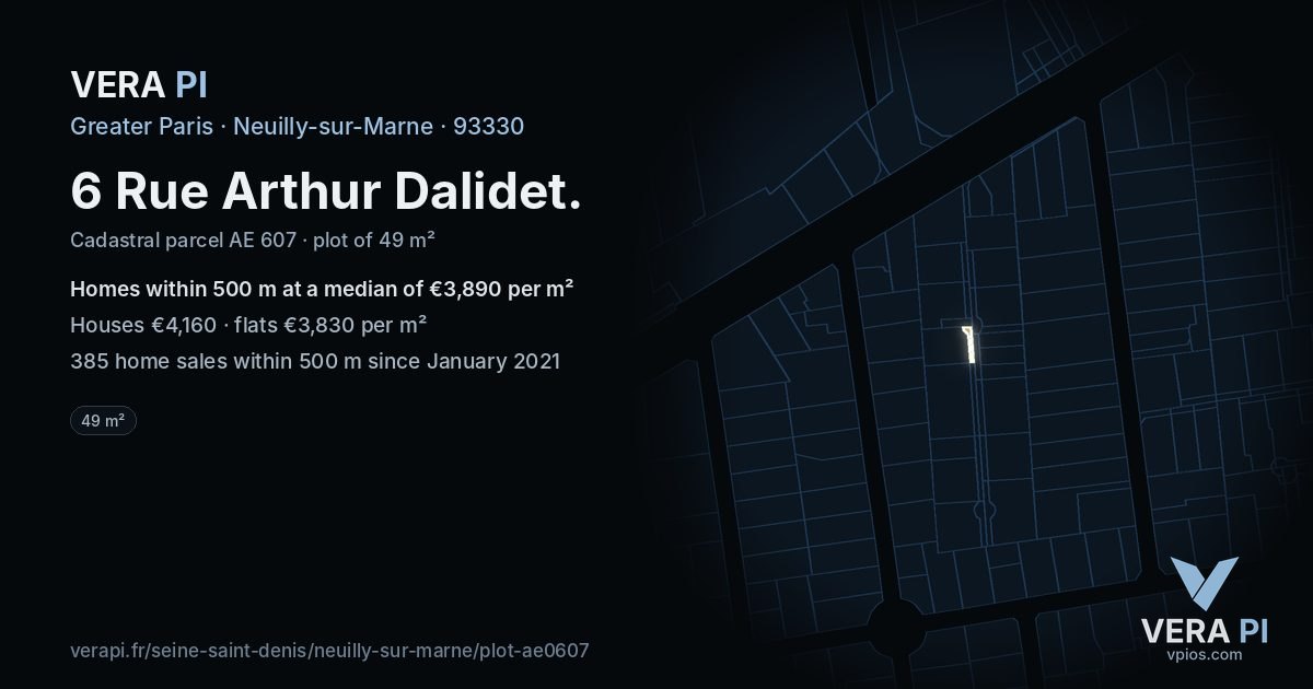 6 Rue Arthur Dalidet, Neuilly-sur-Marne at night – the plot lit, the parcels around coloured by the prices near them