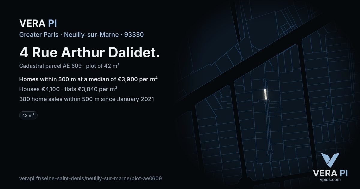 4 Rue Arthur Dalidet, Neuilly-sur-Marne at night – the plot lit, the parcels around coloured by the prices near them