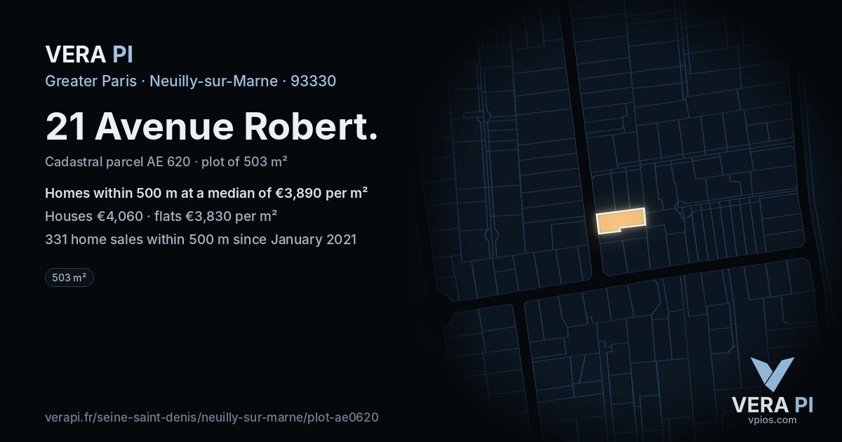 21 Avenue Robert, Neuilly-sur-Marne at night – the plot lit, the parcels around coloured by the prices near them