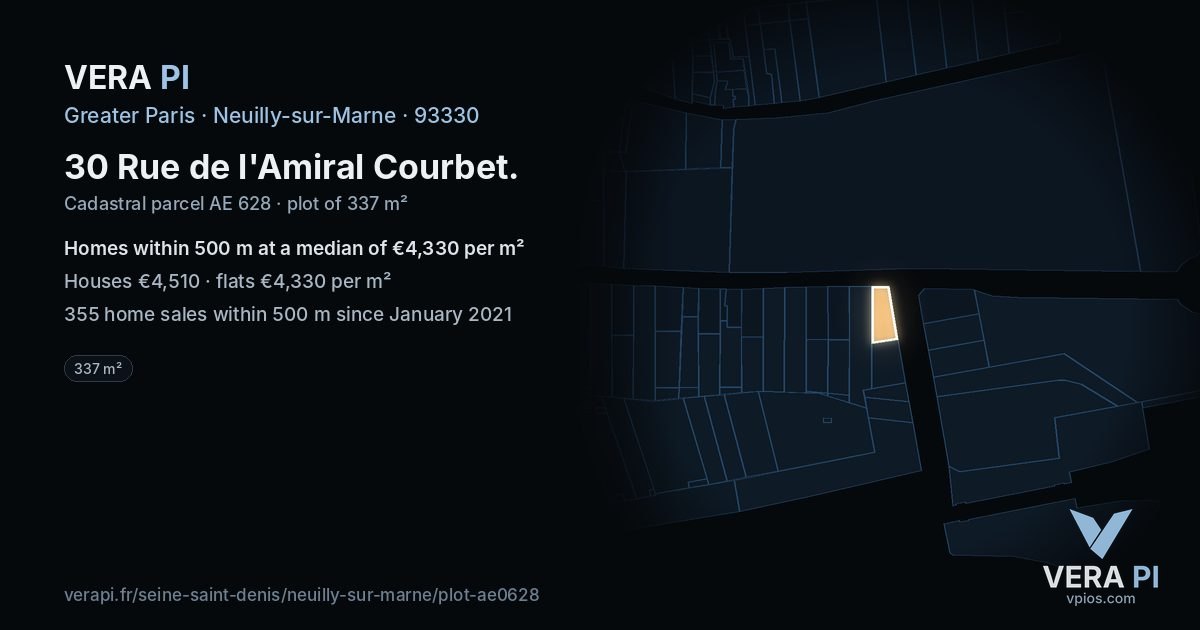30 Rue de l'Amiral Courbet, Neuilly-sur-Marne at night – the plot lit, the parcels around coloured by the prices near them