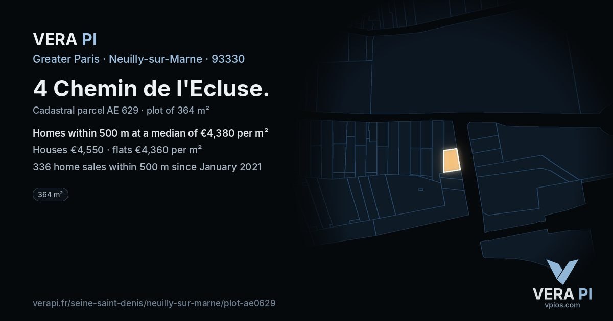 4 Chemin de l'Ecluse, Neuilly-sur-Marne at night – the plot lit, the parcels around coloured by the prices near them