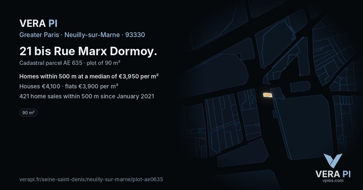 21 bis Rue Marx Dormoy, Neuilly-sur-Marne at night – the plot lit, the parcels around coloured by the prices near them