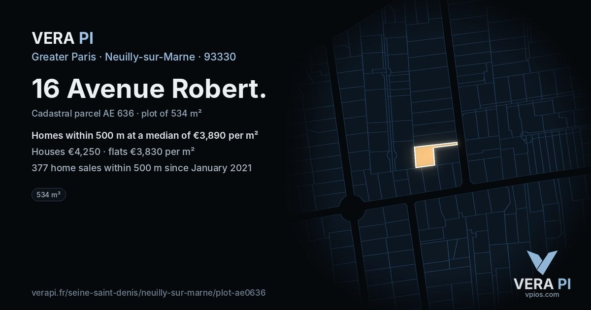 16 Avenue Robert, Neuilly-sur-Marne at night – the plot lit, the parcels around coloured by the prices near them