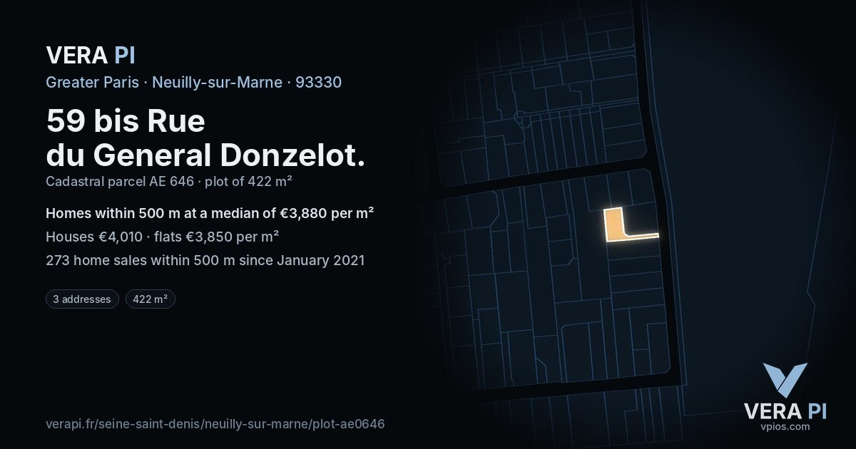 59 bis Rue du General Donzelot, Neuilly-sur-Marne at night – the plot lit, the parcels around coloured by the prices near them
