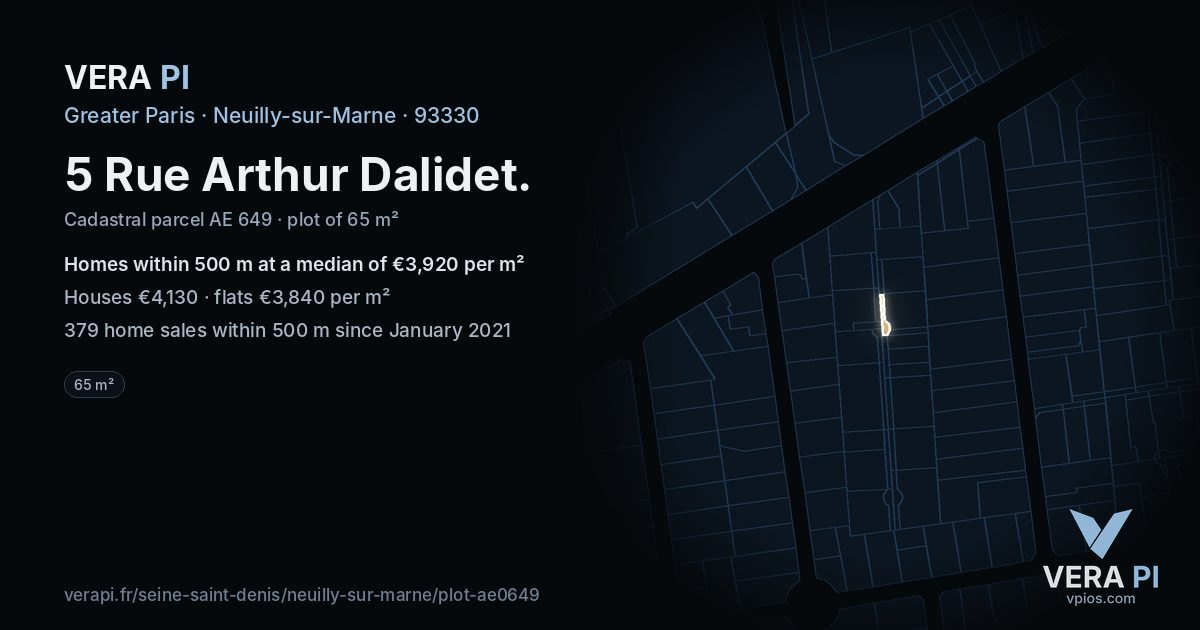 5 Rue Arthur Dalidet, Neuilly-sur-Marne at night – the plot lit, the parcels around coloured by the prices near them