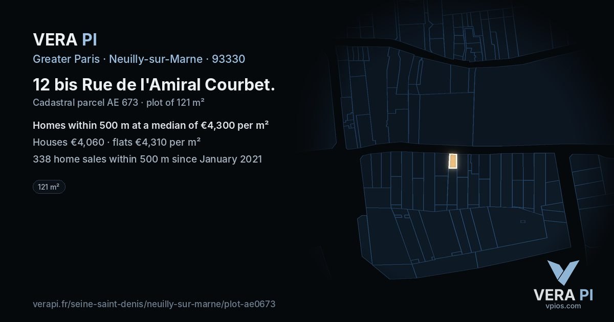 12 bis Rue de l'Amiral Courbet, Neuilly-sur-Marne at night – the plot lit, the parcels around coloured by the prices near them