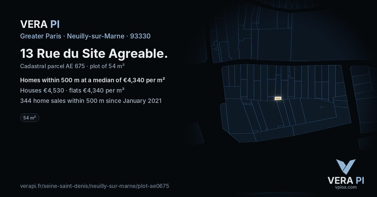 13 Rue du Site Agreable, Neuilly-sur-Marne at night – the plot lit, the parcels around coloured by the prices near them