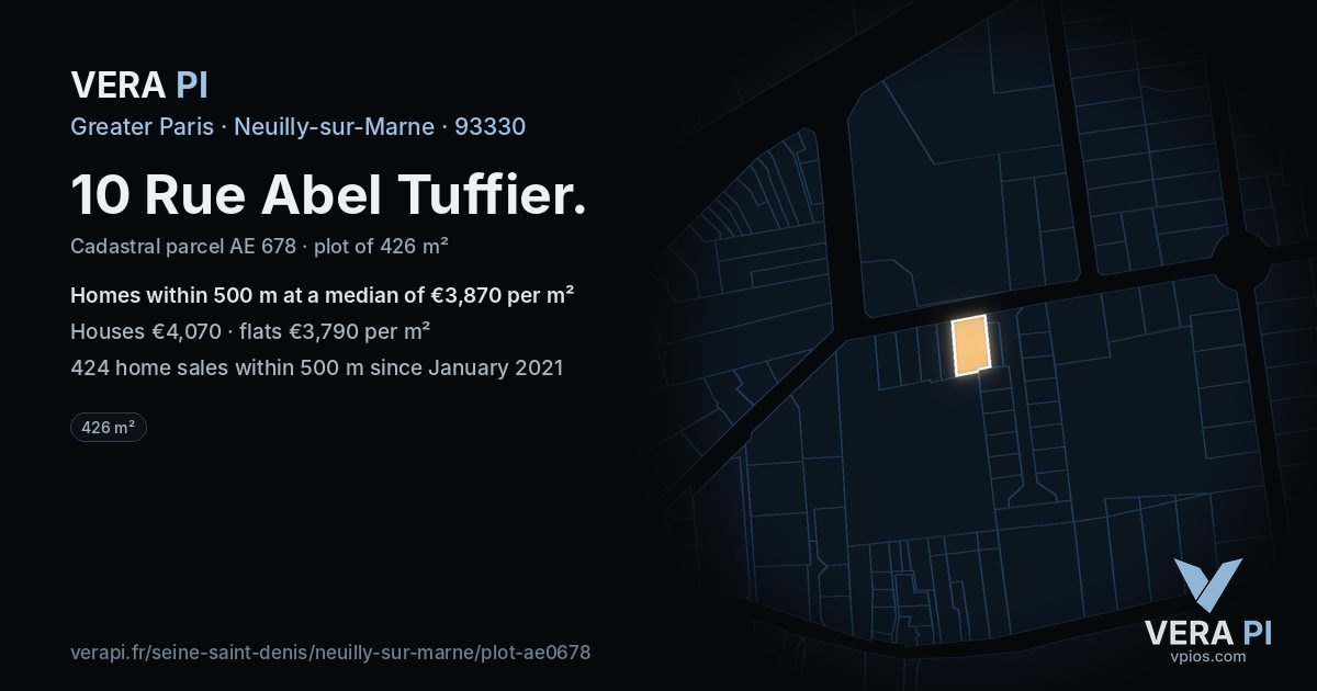 10 Rue Abel Tuffier, Neuilly-sur-Marne at night – the plot lit, the parcels around coloured by the prices near them