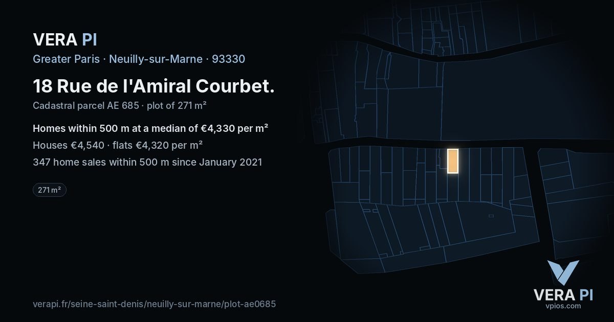 18 Rue de l'Amiral Courbet, Neuilly-sur-Marne at night – the plot lit, the parcels around coloured by the prices near them