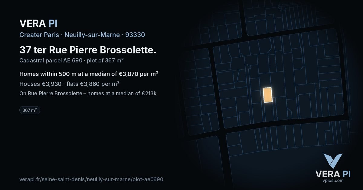 37 ter Rue Pierre Brossolette, Neuilly-sur-Marne at night – the plot lit, the parcels around coloured by the prices near them