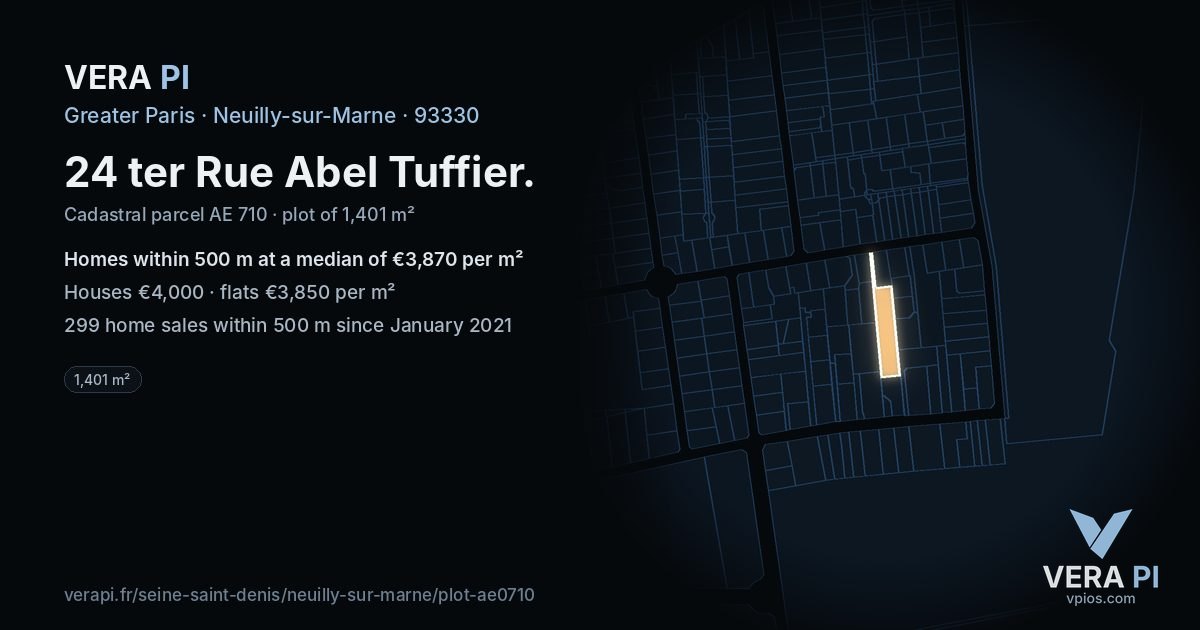 24 ter Rue Abel Tuffier, Neuilly-sur-Marne at night – the plot lit, the parcels around coloured by the prices near them