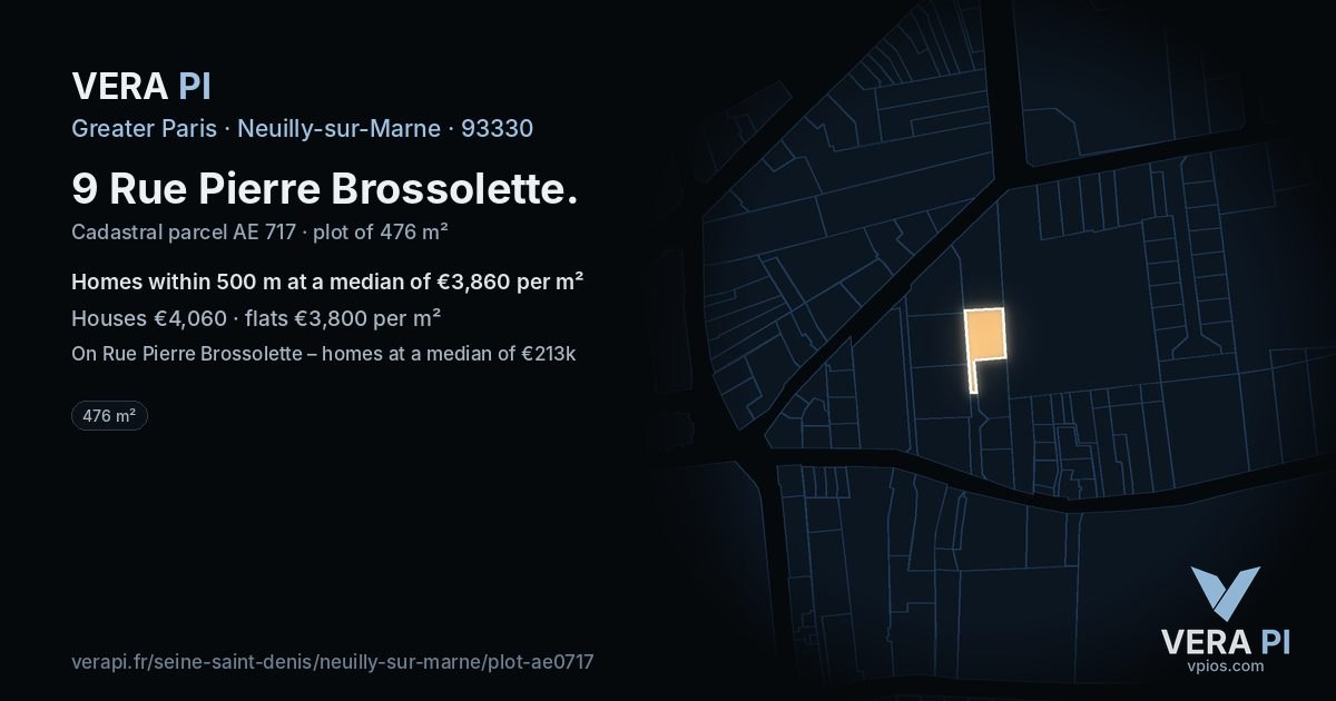 9 Rue Pierre Brossolette, Neuilly-sur-Marne at night – the plot lit, the parcels around coloured by the prices near them