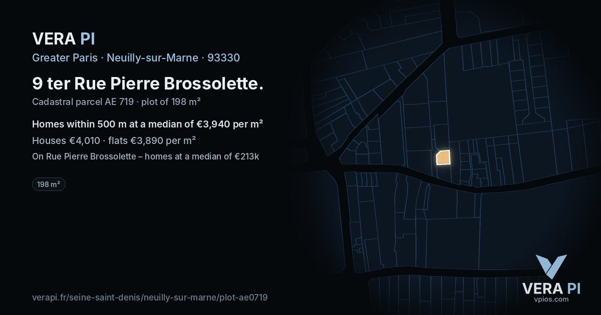 9 ter Rue Pierre Brossolette, Neuilly-sur-Marne at night – the plot lit, the parcels around coloured by the prices near them