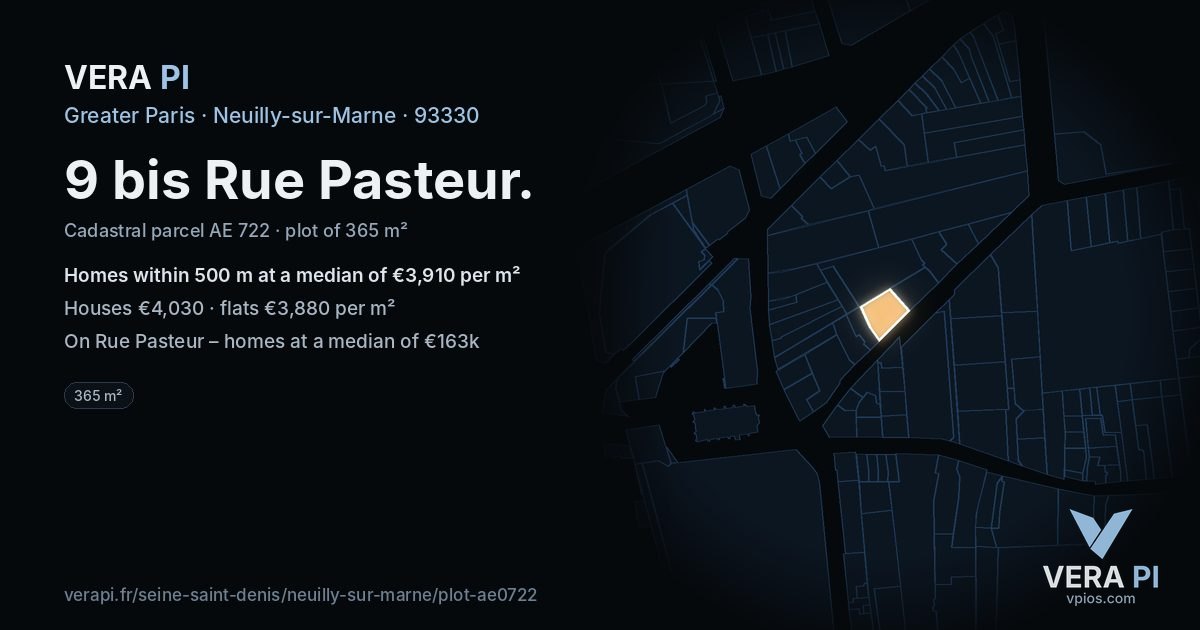 9 bis Rue Pasteur, Neuilly-sur-Marne at night – the plot lit, the parcels around coloured by the prices near them