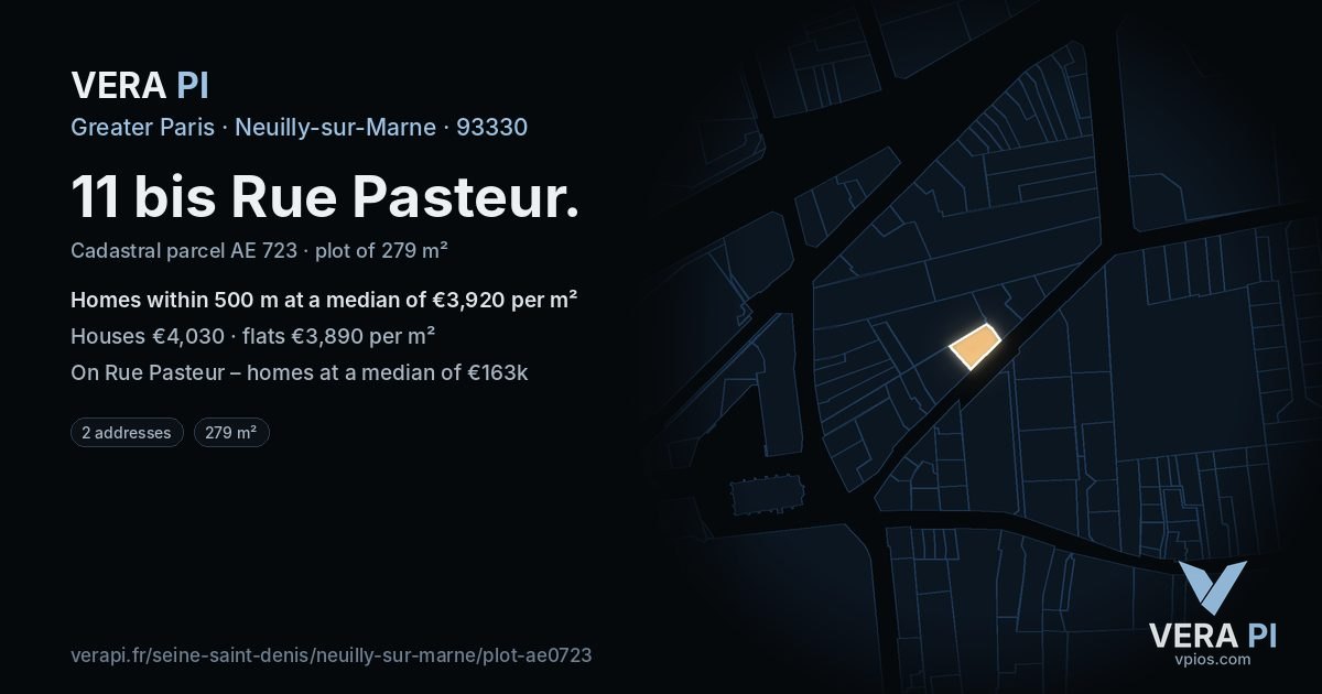 11 bis Rue Pasteur, Neuilly-sur-Marne at night – the plot lit, the parcels around coloured by the prices near them