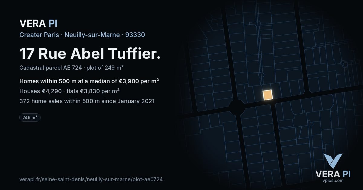 17 Rue Abel Tuffier, Neuilly-sur-Marne at night – the plot lit, the parcels around coloured by the prices near them
