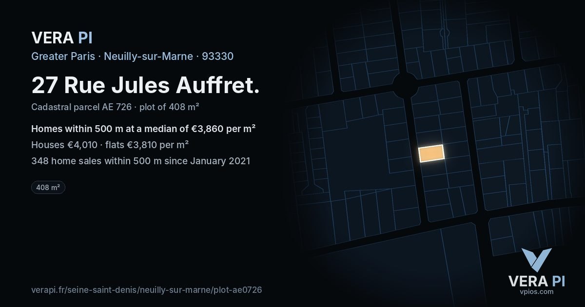 27 Rue Jules Auffret, Neuilly-sur-Marne at night – the plot lit, the parcels around coloured by the prices near them