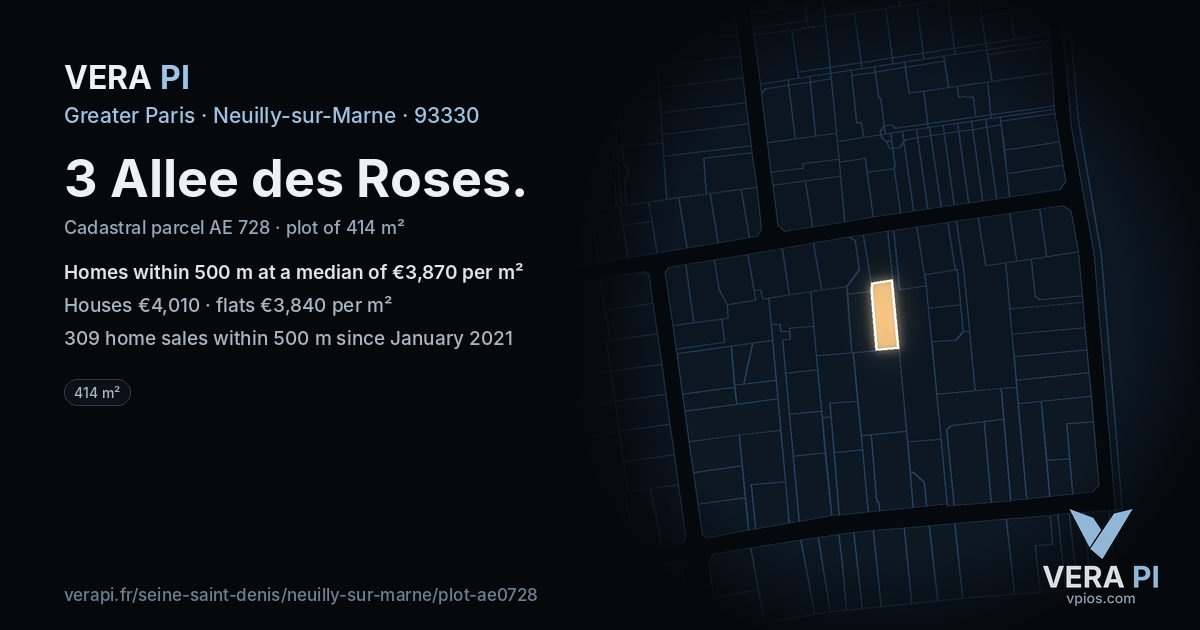 3 Allee des Roses, Neuilly-sur-Marne at night – the plot lit, the parcels around coloured by the prices near them