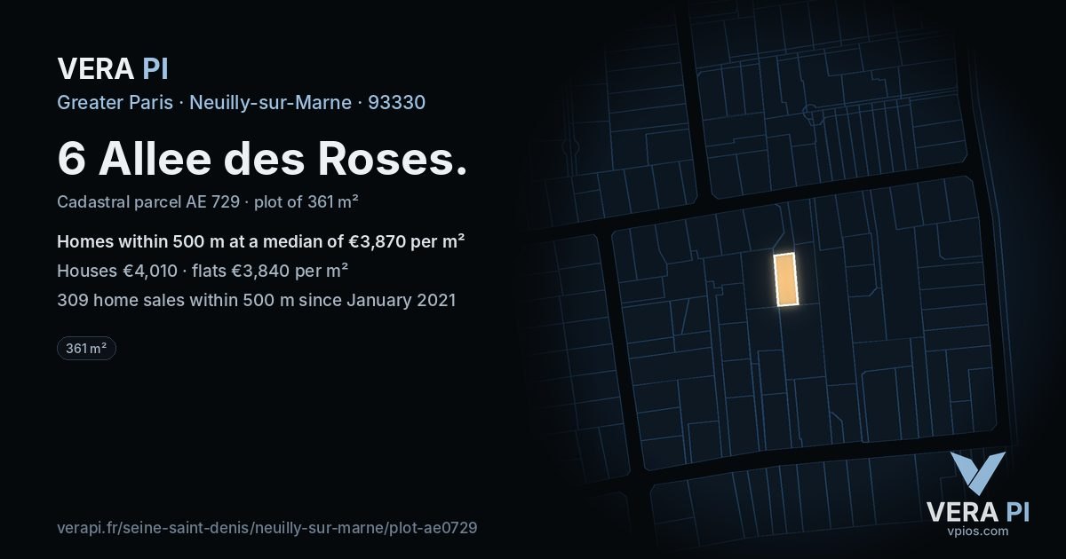 6 Allee des Roses, Neuilly-sur-Marne at night – the plot lit, the parcels around coloured by the prices near them