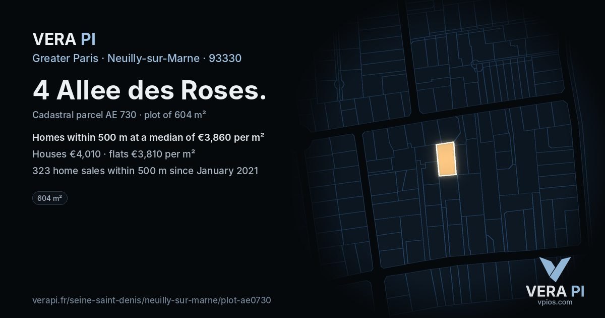 4 Allee des Roses, Neuilly-sur-Marne at night – the plot lit, the parcels around coloured by the prices near them