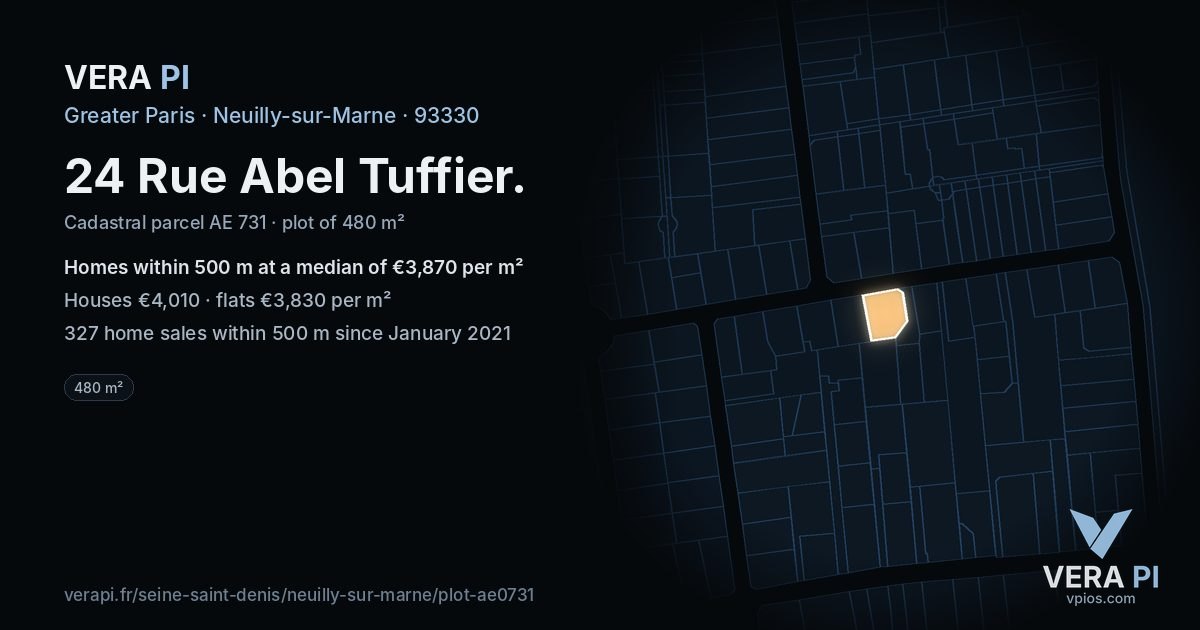 24 Rue Abel Tuffier, Neuilly-sur-Marne at night – the plot lit, the parcels around coloured by the prices near them
