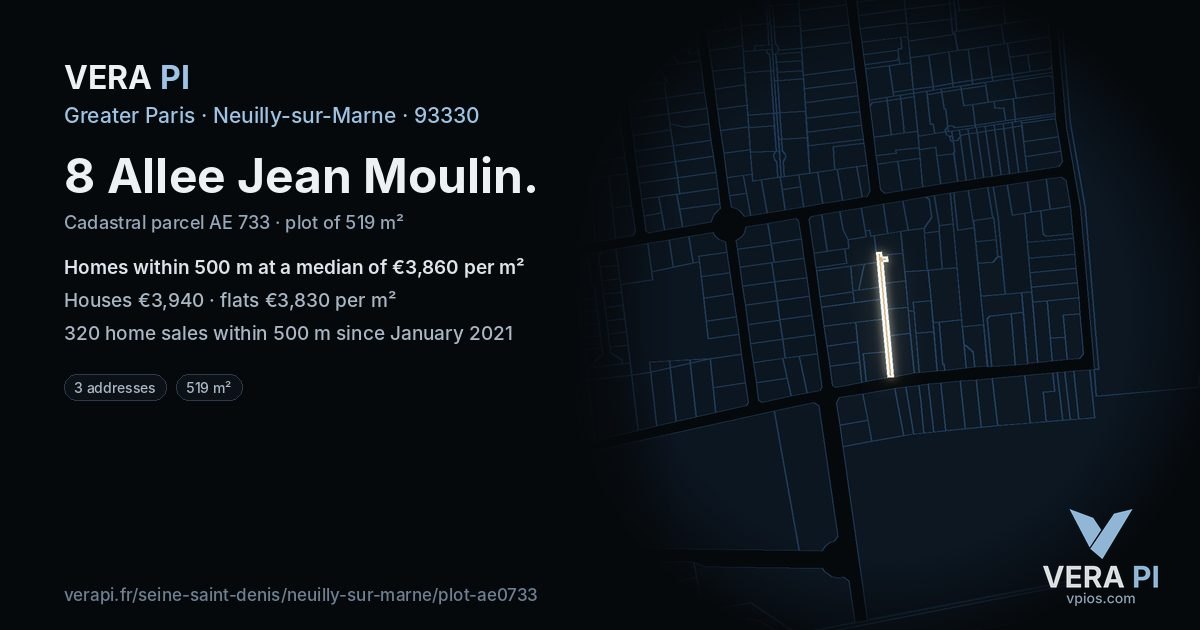 8 Allee Jean Moulin, Neuilly-sur-Marne at night – the plot lit, the parcels around coloured by the prices near them