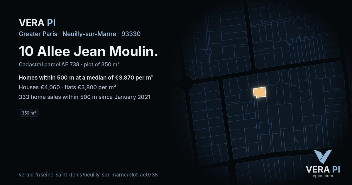 10 Allee Jean Moulin, Neuilly-sur-Marne at night – the plot lit, the parcels around coloured by the prices near them