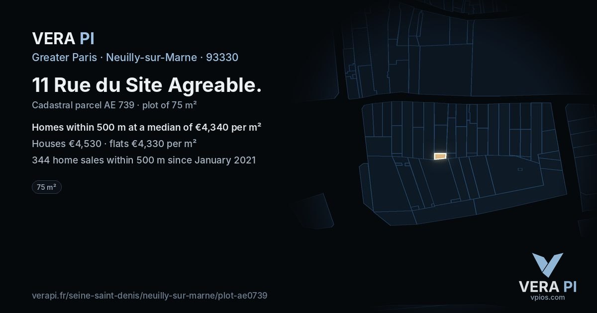 11 Rue du Site Agreable, Neuilly-sur-Marne at night – the plot lit, the parcels around coloured by the prices near them