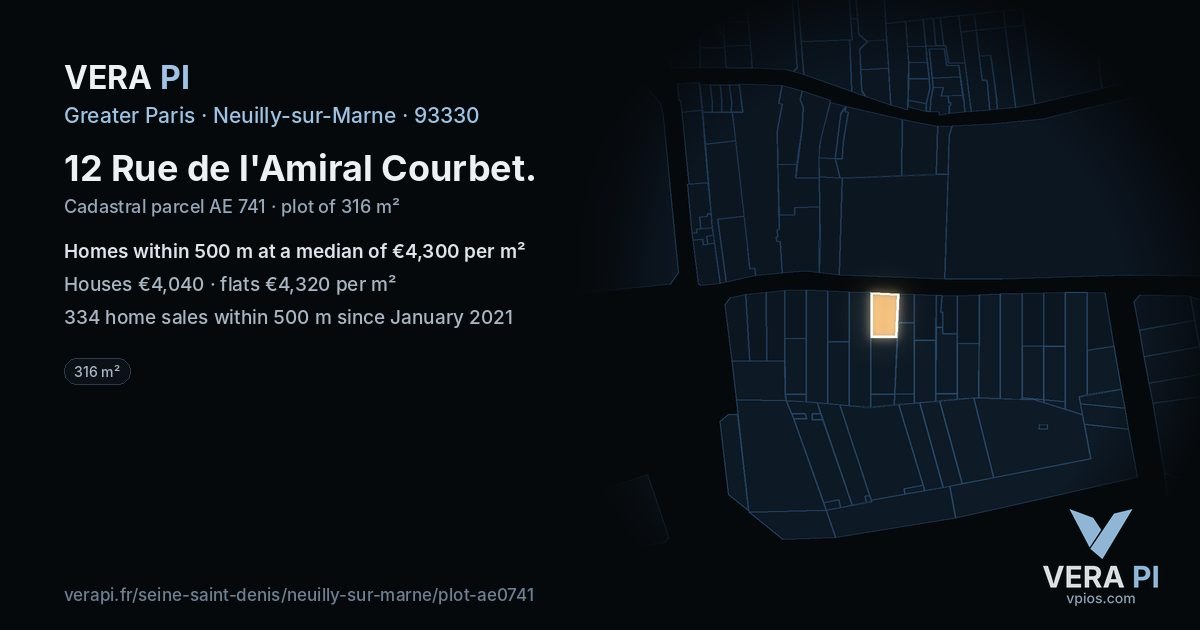 12 Rue de l'Amiral Courbet, Neuilly-sur-Marne at night – the plot lit, the parcels around coloured by the prices near them