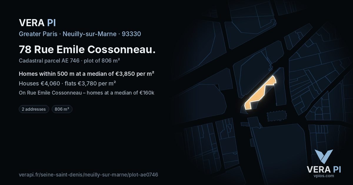 78 Rue Emile Cossonneau, Neuilly-sur-Marne at night – the plot lit, the parcels around coloured by the prices near them