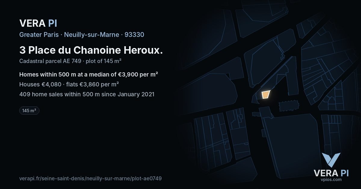 3 Place du Chanoine Heroux, Neuilly-sur-Marne at night – the plot lit, the parcels around coloured by the prices near them