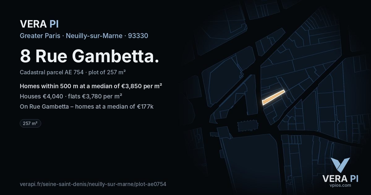 8 Rue Gambetta, Neuilly-sur-Marne at night – the plot lit, the parcels around coloured by the prices near them