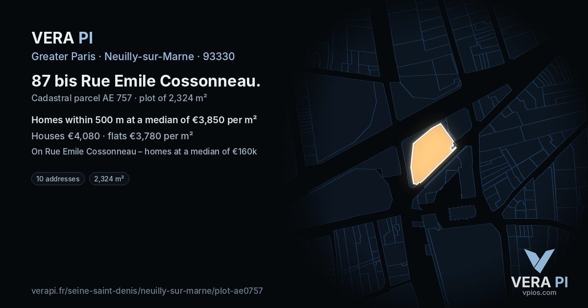 87 bis Rue Emile Cossonneau, Neuilly-sur-Marne at night – the plot lit, the parcels around coloured by the prices near them