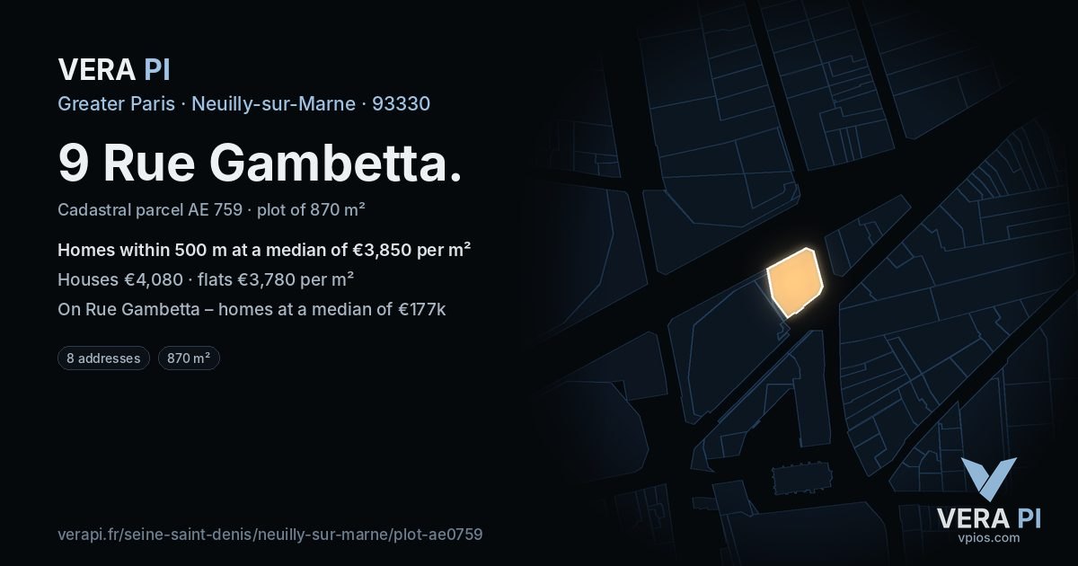 9 Rue Gambetta, Neuilly-sur-Marne at night – the plot lit, the parcels around coloured by the prices near them