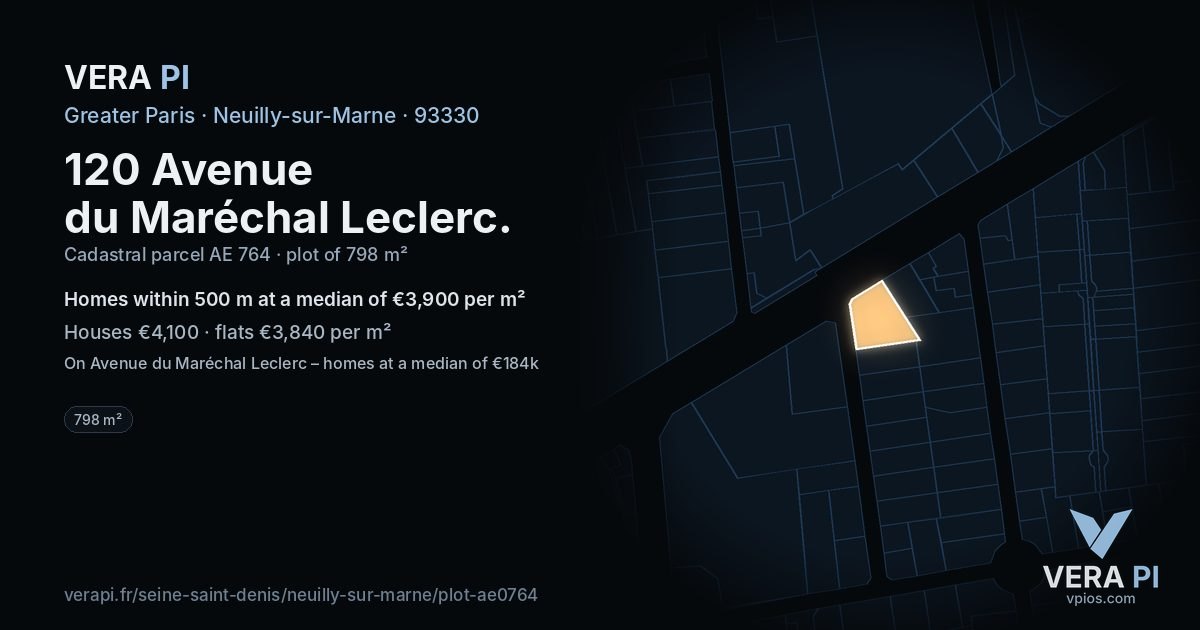120 Avenue du Maréchal Leclerc, Neuilly-sur-Marne at night – the plot lit, the parcels around coloured by the prices near them