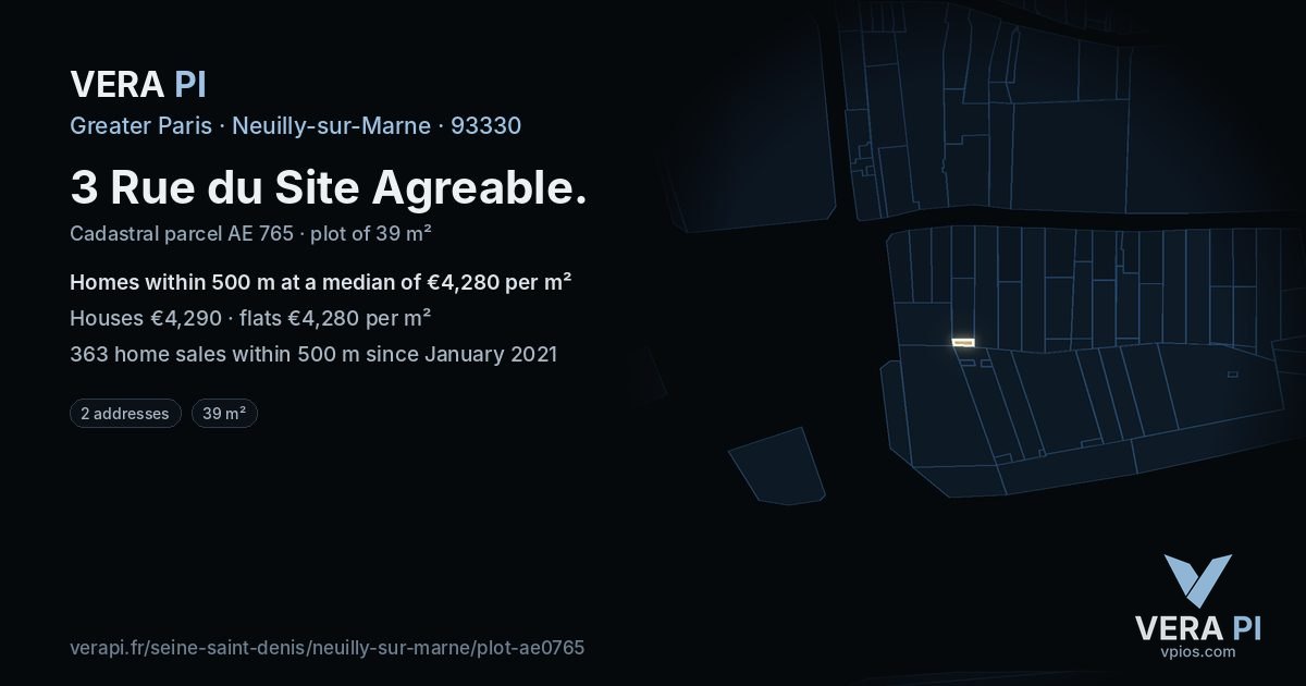 3 Rue du Site Agreable, Neuilly-sur-Marne at night – the plot lit, the parcels around coloured by the prices near them