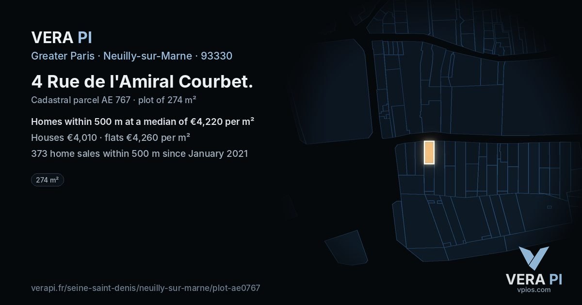 4 Rue de l'Amiral Courbet, Neuilly-sur-Marne at night – the plot lit, the parcels around coloured by the prices near them