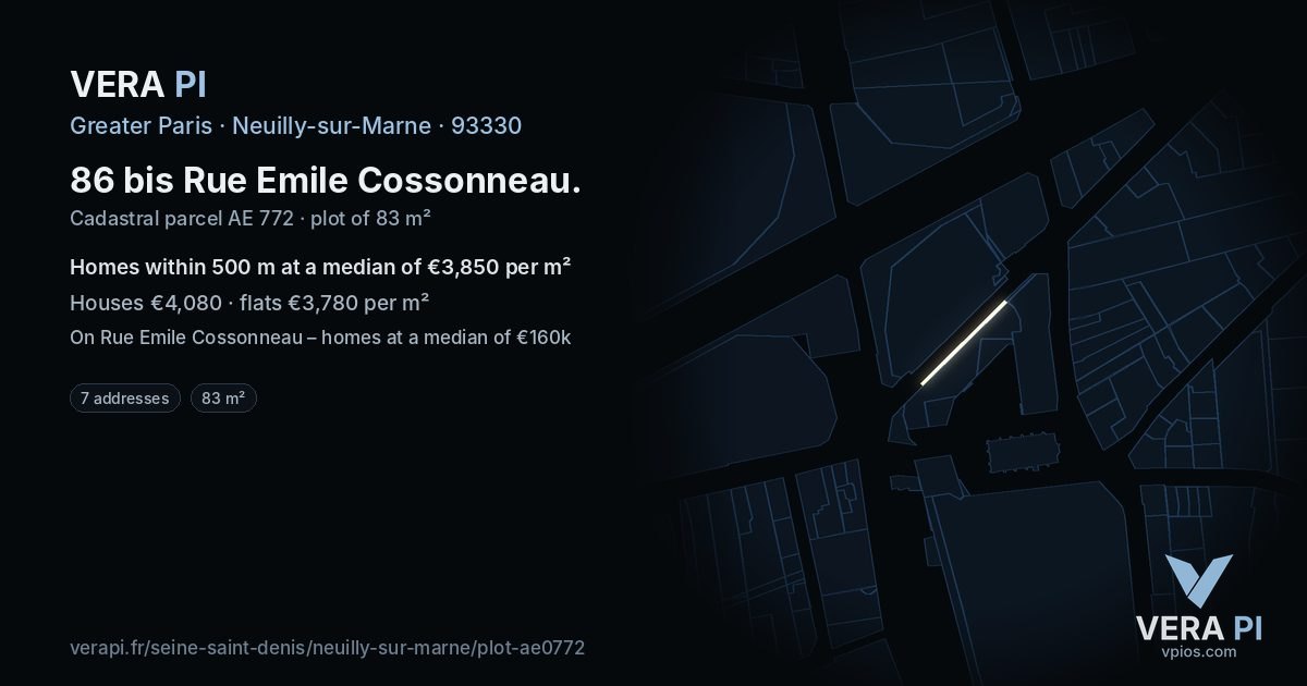 86 bis Rue Emile Cossonneau, Neuilly-sur-Marne at night – the plot lit, the parcels around coloured by the prices near them