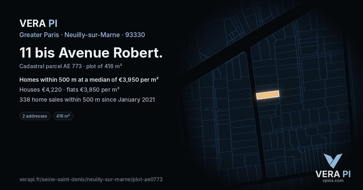 11 bis Avenue Robert, Neuilly-sur-Marne at night – the plot lit, the parcels around coloured by the prices near them